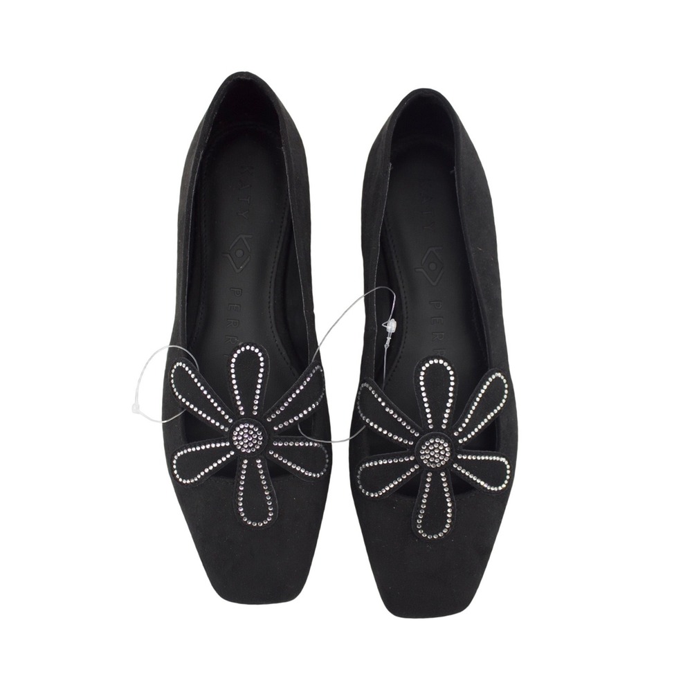 Katy Perry Womens Black Suede Rhinestone Daisy Square Toe Ballet Flats Size 7